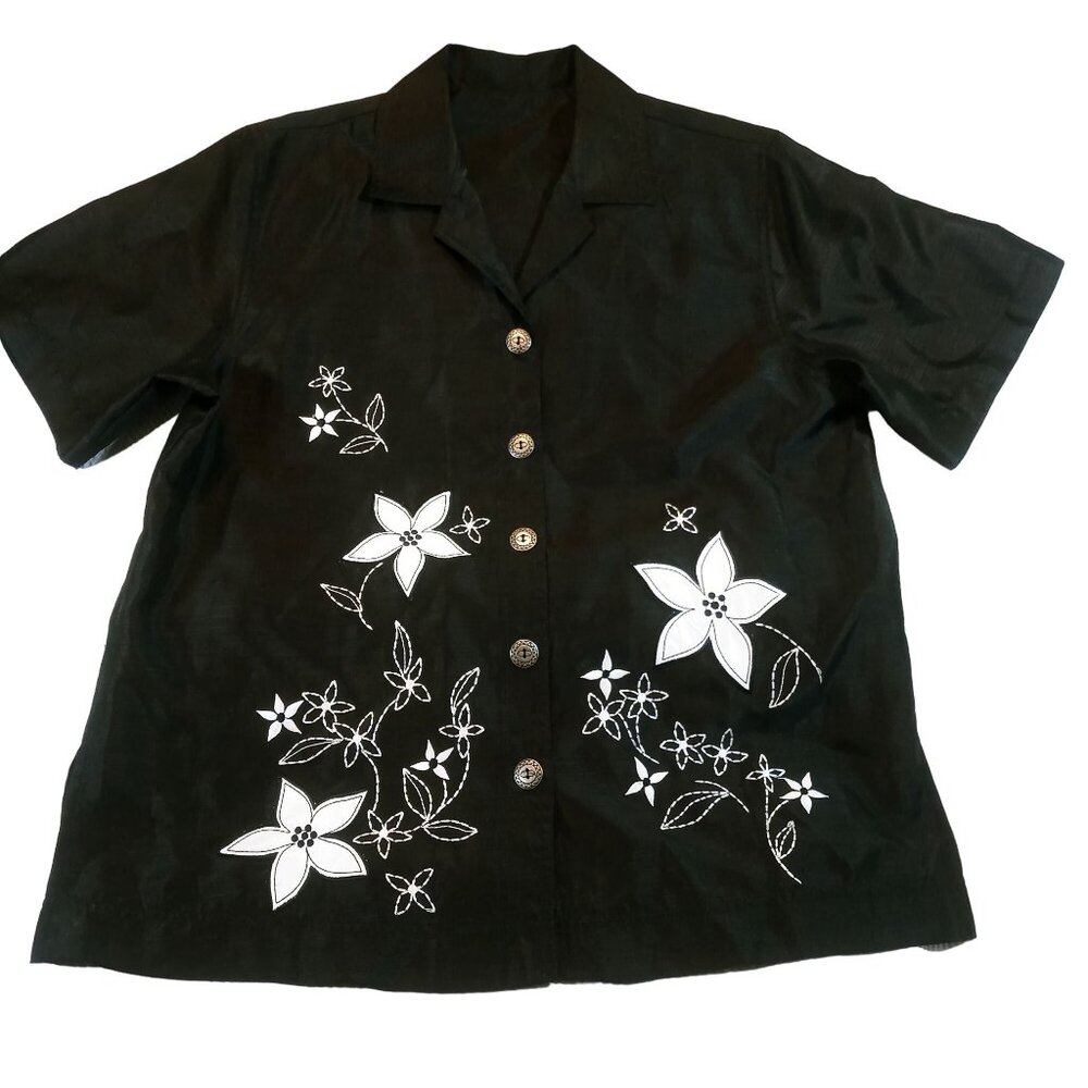 Women's Blouse NTouch Large Black Floral Embroidered Short Sleeve Dress Shirt